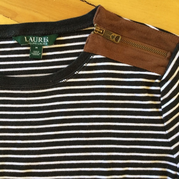 ⛔️SOLD⛔️ LRL Striped B&W Suede Elbow Patch Tee -M - Picture 4 of 8